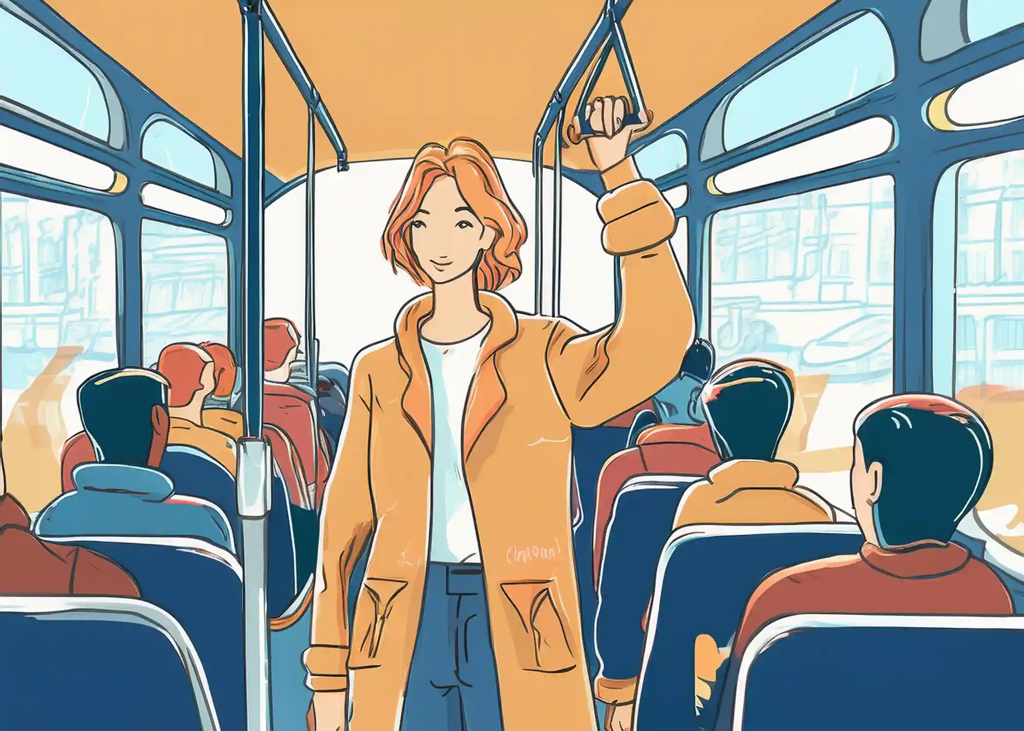 Passenger standing and holding handrail on bus